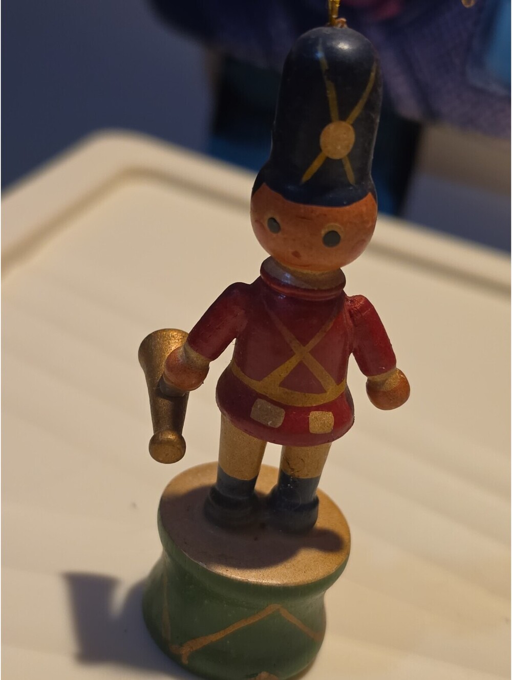 Vintage Wooden Little Trumpet Boy Standing On a Little Stool Christmas Ornament